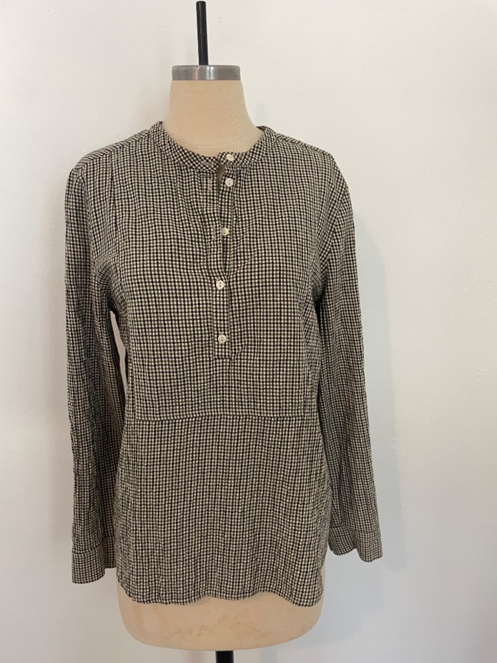 Longchamp Plaid Check Long Sleeve Top, Cotton Peasant Blouse Woman’s 36 US Small